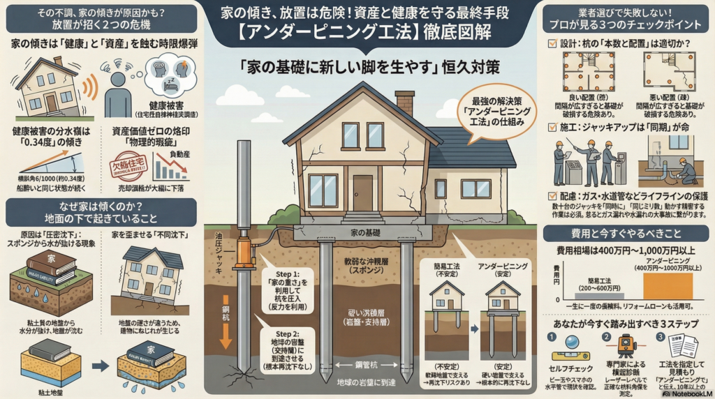 家の傾き　アンダーピニング工法